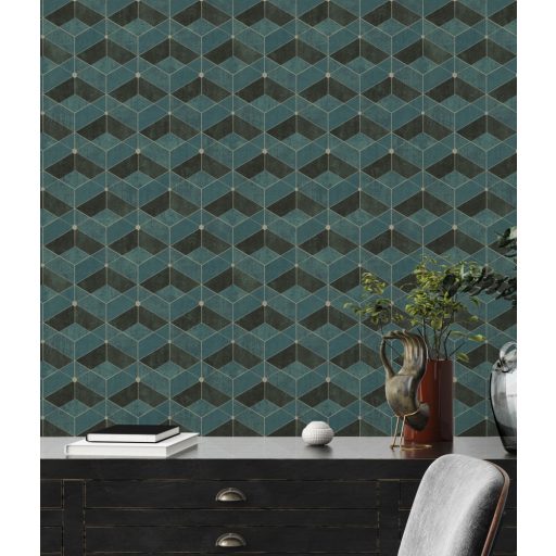 As-Creation Titanium 3, 38202-3 Geometrikus grafikus 3D zöld árnyalatok antracit arany tapéta