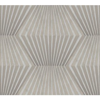  Lélegzetelállító 3D optikai illúzió art deco jegyekkel fényűző ezüstszürke és selymes taupe tónus fémes hatás tapéta