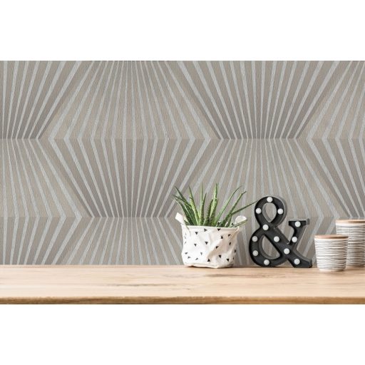 Lélegzetelállító 3D optikai illúzió art deco jegyekkel fényűző ezüstszürke és selymes taupe tónus fémes hatás tapéta