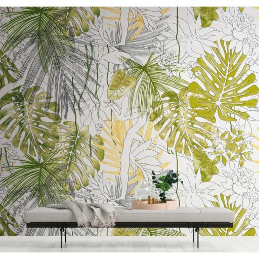 AS-Creation Metropolitan Stories the Wall 38232-1 Natur Trópusi levelek grafikus ábrázolása fehér zöld sárga fekete faopanel