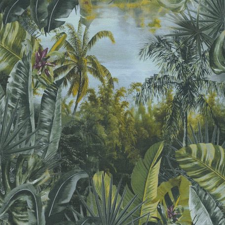 A trópusi dzsungel változatos levelei zöld és sötétzöld tónusok szürke fekete tapéta