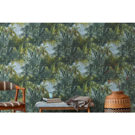 A trópusi dzsungel változatos levelei zöld és sötétzöld tónusok szürke fekete tapéta