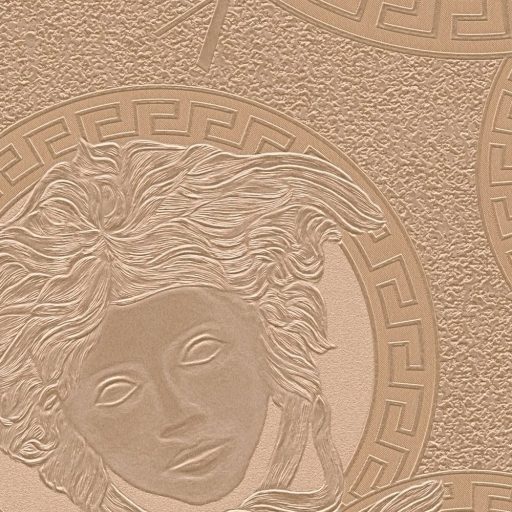 Klasszikus görög minta ikonikus Versace "medúzafej" motívummal pezgő-aranybarna és roségold tónus fénylő mintaelemek  tapéta