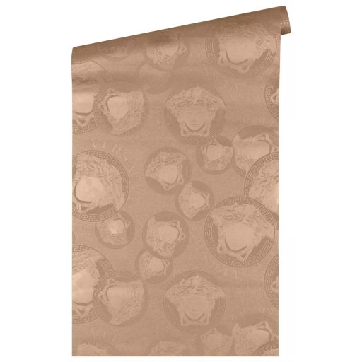 Klasszikus görög minta ikonikus Versace "medúzafej" motívummal pezgő-aranybarna és roségold tónus fénylő mintaelemek  tapéta