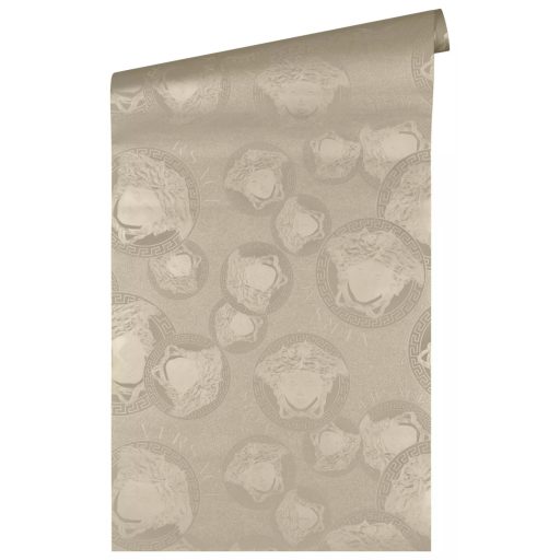 Klasszikus görög minta ikonikus Versace "medúzafej" motívummal világos-aranyló bézs pezsgő és aranyló-sárga tónus tapéta