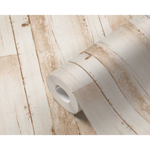 Kopottas megjelenésű Shabby deszka mintázat krém és bézs tónus tapéta