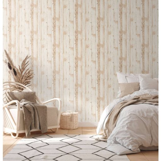 Kopottas megjelenésű Shabby deszka mintázat krém és bézs tónus tapéta