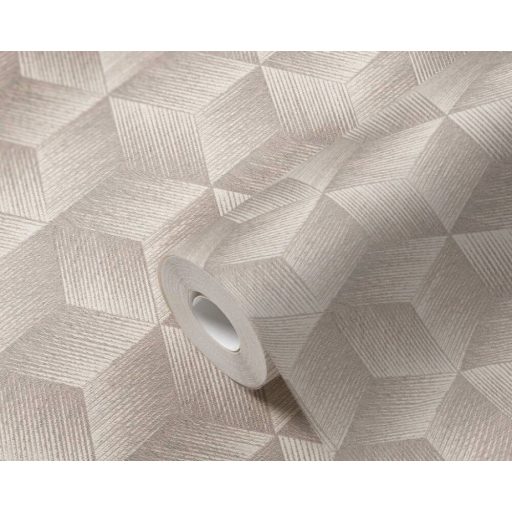 Modern háromdimenziós grafikus minta kockák sorozatával krémfehér szürke és ezüst tónus fémes hatás tapéta