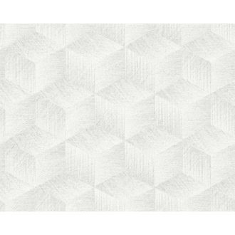   Modern háromdimenziós grafikus minta kockák sorozatával fehér szürke és ezüst tónus fémes hatás tapéta