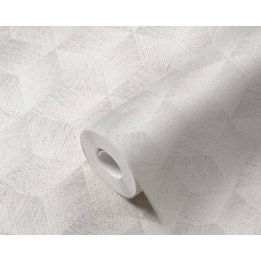 Modern háromdimenziós grafikus minta kockák sorozatával fehér szürke és ezüst tónus fémes hatás tapéta