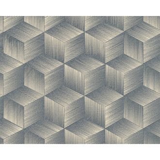   Modern háromdimenziós grafikus minta kockák sorozatával bézs és kék/szürkéskék tónus fémes hatás tapéta