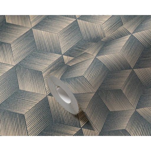 Modern háromdimenziós grafikus minta kockák sorozatával bézs és kék/szürkéskék tónus fémes hatás tapéta