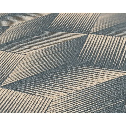 Modern háromdimenziós grafikus minta kockák sorozatával bézs és kék/szürkéskék tónus fémes hatás tapéta