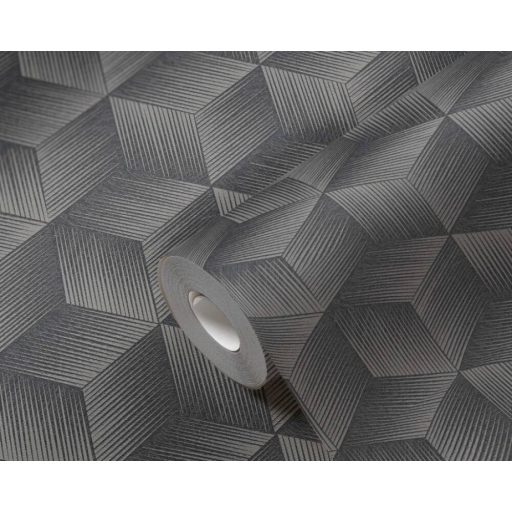 Modern háromdimenziós grafikus minta kockák sorozatával szürke/sötétszürke és fekete tónus fémes hatás tapéta