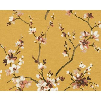   Finom rajzolatú virágzó ágak sárga barna fehér és rózsaszín tónus tapéta