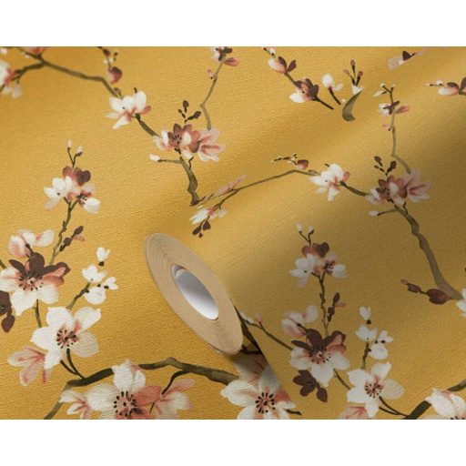 Finom rajzolatú virágzó ágak sárga barna fehér és rózsaszín tónus tapéta