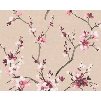   Finom rajzolatú virágzó ágak bézs rózsaszín fehér lila és fekete tónus tapéta