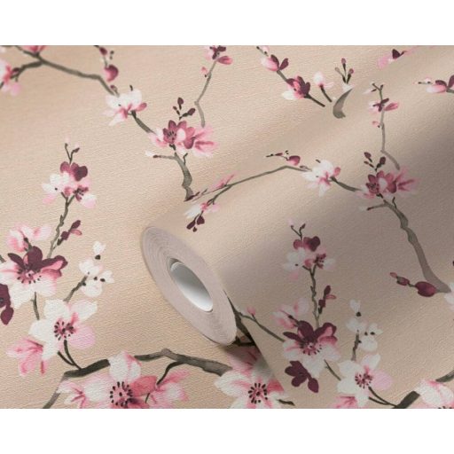 Finom rajzolatú virágzó ágak bézs rózsaszín fehér lila és fekete tónus tapéta