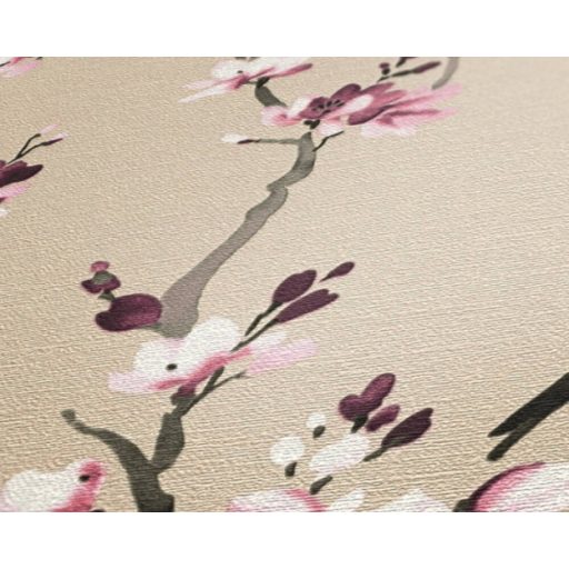 Finom rajzolatú virágzó ágak bézs rózsaszín fehér lila és fekete tónus tapéta