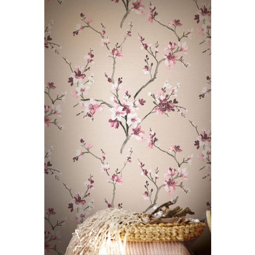 Finom rajzolatú virágzó ágak bézs rózsaszín fehér lila és fekete tónus tapéta
