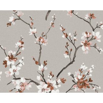   Finom rajzolatú virágzó ágak szürke fekete fehér és vörösesbarna tónus tapéta