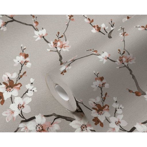 Finom rajzolatú virágzó ágak szürke fekete fehér és vörösesbarna tónus tapéta