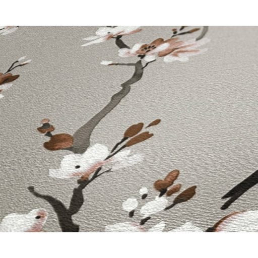 Finom rajzolatú virágzó ágak szürke fekete fehér és vörösesbarna tónus tapéta