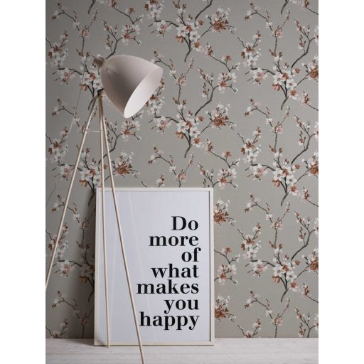 Finom rajzolatú virágzó ágak szürke fekete fehér és vörösesbarna tónus tapéta