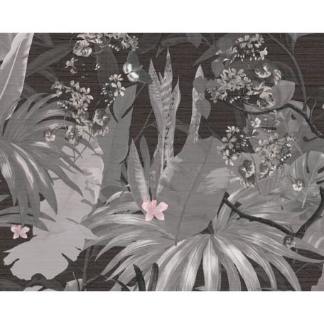 Lenyűgöző trópusi levelek és virágok pillangókkal szürke fekete fehér és rózsaszín tónus tapéta