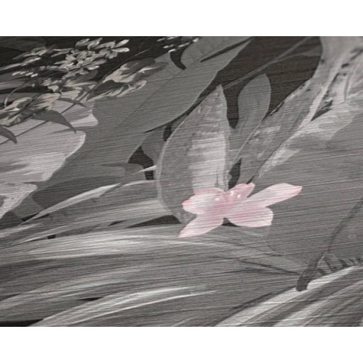 Lenyűgöző trópusi levelek és virágok pillangókkal szürke fekete fehér és rózsaszín tónus tapéta