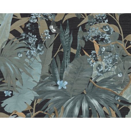 Lenyűgöző trópusi levelek és virágok pillangókkal kék/zöldeskék barna fekete és fehér tónus tapéta