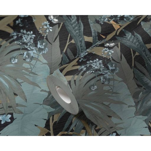 Lenyűgöző trópusi levelek és virágok pillangókkal kék/zöldeskék barna fekete és fehér tónus tapéta