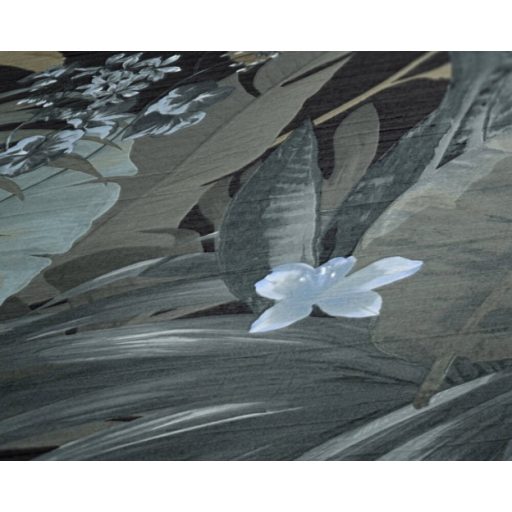 Lenyűgöző trópusi levelek és virágok pillangókkal kék/zöldeskék barna fekete és fehér tónus tapéta