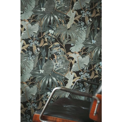 Lenyűgöző trópusi levelek és virágok pillangókkal kék/zöldeskék barna fekete és fehér tónus tapéta