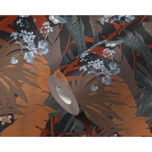 Lenyűgöző trópusi levelek és virágok pillangókkal zöldeskék narancs vörösesbarna fehér és barna tapéta