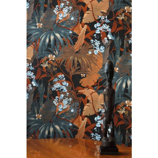 Lenyűgöző trópusi levelek és virágok pillangókkal zöldeskék narancs vörösesbarna fehér és barna tapéta