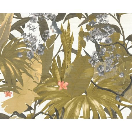 Lenyűgöző trópusi levelek és virágok pillangókkal fehér zöld/khakizöld mályva és szürke tónus tapéta