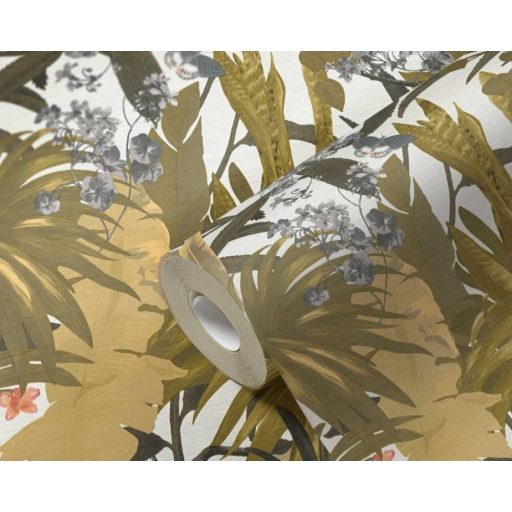 Lenyűgöző trópusi levelek és virágok pillangókkal fehér zöld/khakizöld mályva és szürke tónus tapéta