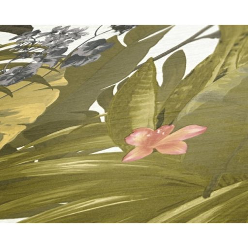 Lenyűgöző trópusi levelek és virágok pillangókkal fehér zöld/khakizöld mályva és szürke tónus tapéta