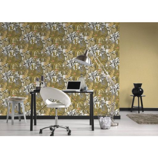 Lenyűgöző trópusi levelek és virágok pillangókkal fehér zöld/khakizöld mályva és szürke tónus tapéta