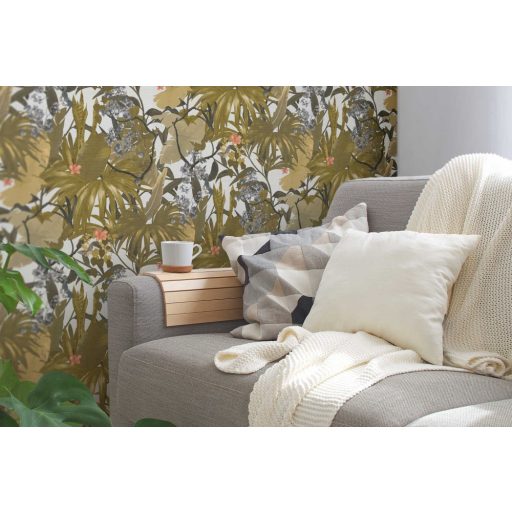 Lenyűgöző trópusi levelek és virágok pillangókkal fehér zöld/khakizöld mályva és szürke tónus tapéta