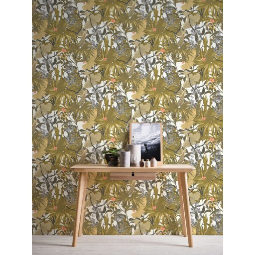 Lenyűgöző trópusi levelek és virágok pillangókkal fehér zöld/khakizöld mályva és szürke tónus tapéta