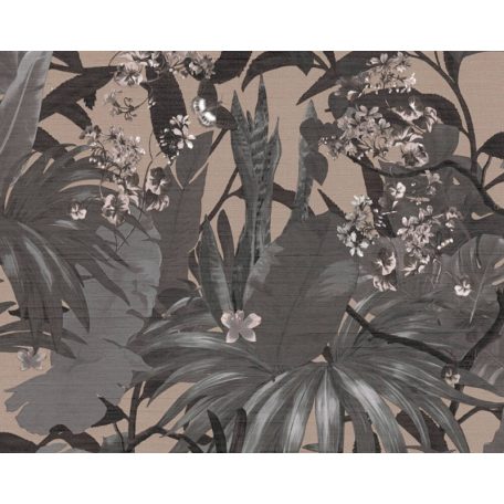 Lenyűgöző trópusi levelek és virágok pillangókkal barna szürke sötétszürke fekete és bézs tónus tapéta