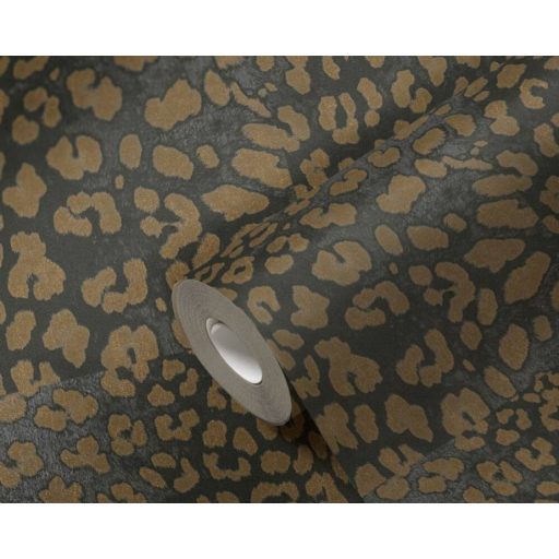 Vadító leopárdbőr minta négyzetekbe rendezve sötétbarna/antracit és aranybarna tónus finom fény tapéta