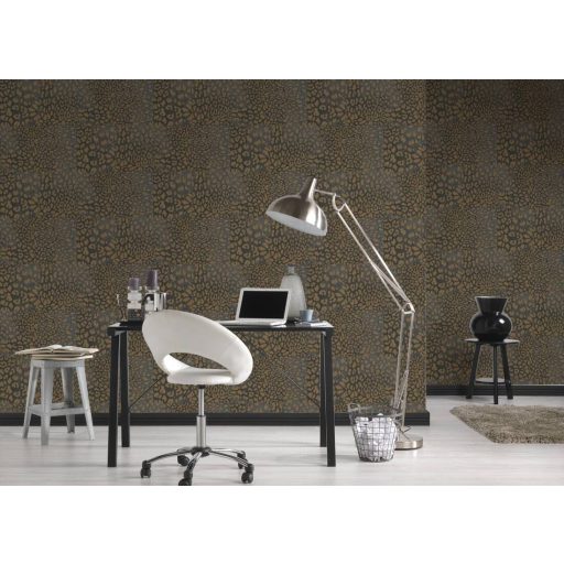 Vadító leopárdbőr minta négyzetekbe rendezve sötétbarna/antracit és aranybarna tónus finom fény tapéta