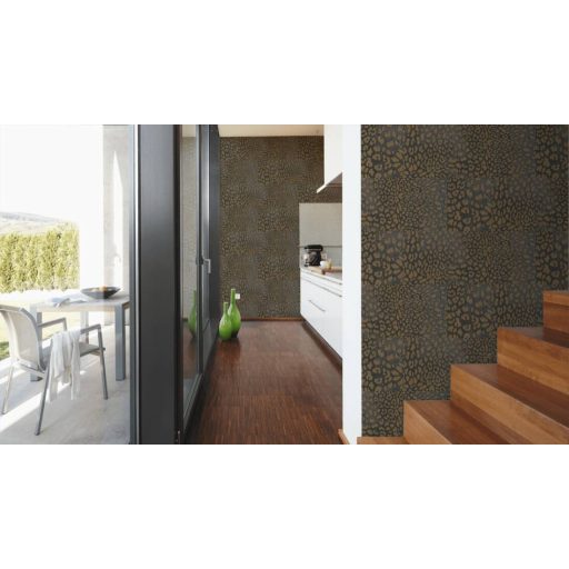 Vadító leopárdbőr minta négyzetekbe rendezve sötétbarna/antracit és aranybarna tónus finom fény tapéta