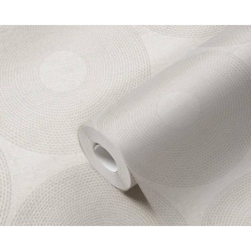 Törzsi ihletésű pontokkal kialakított grafikus körminta törtfehér világosszürke és ezüst tónus finom mintafény tapéta