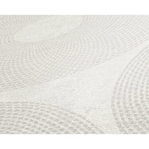 Törzsi ihletésű pontokkal kialakított grafikus körminta törtfehér világosszürke és ezüst tónus finom mintafény tapéta