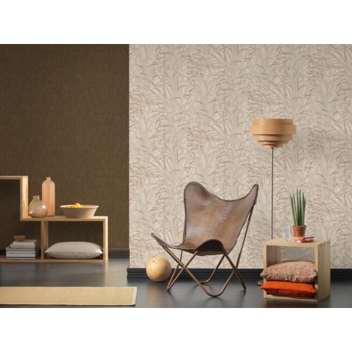 Stilizált pampafüvek natur grafikus mintája bézs barna és rézszín tónus finom fémes hatás tapéta