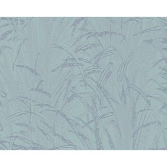   Stilizált pampafüvek natur grafikus mintája kék zöldeskék és ezüst tónus finom fémes hatás tapéta